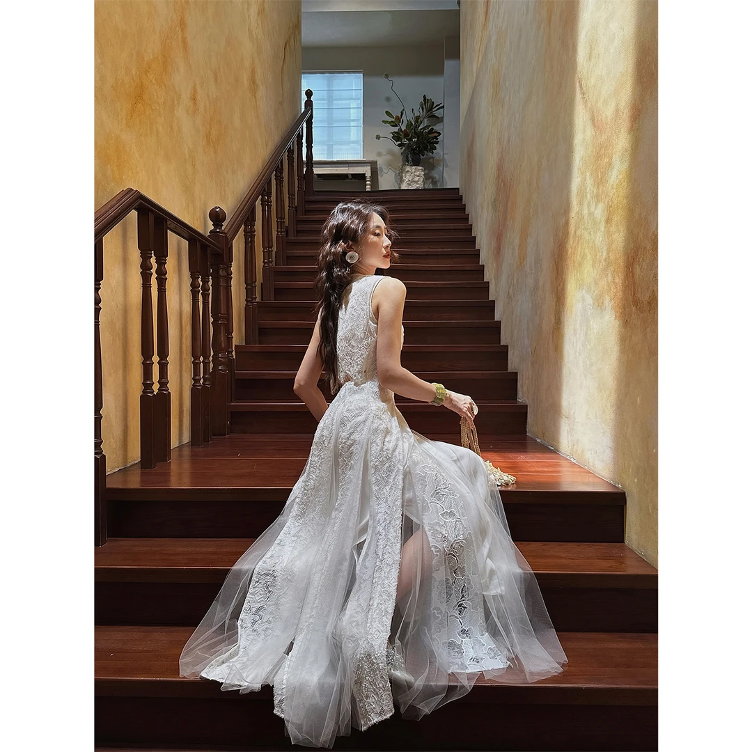 三吉黑花【纾白】新中式薄纱连衣裙2025新款收腰无袖背心长裙子潮