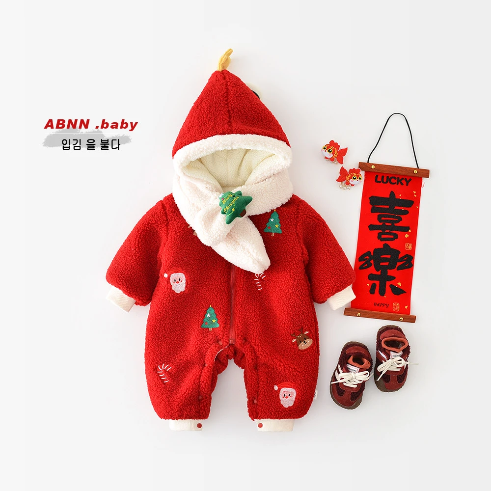 宝宝加厚连体衣儿童红色喜庆保暖圣诞连体衣婴儿圣诞过年拜年服
