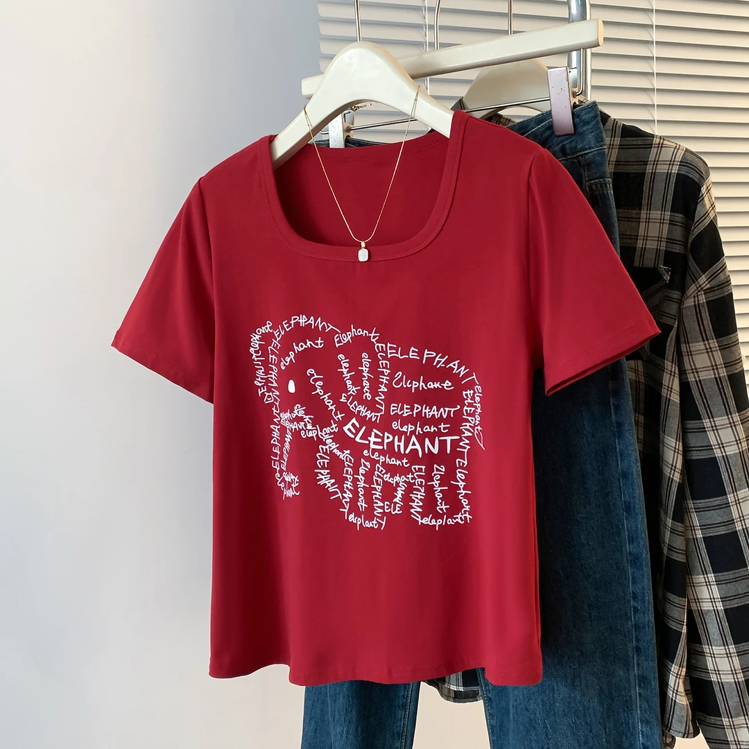 胖妹妹U领印花正肩t恤2055春夏新款遮肚显瘦上衣胖mm百搭短袖