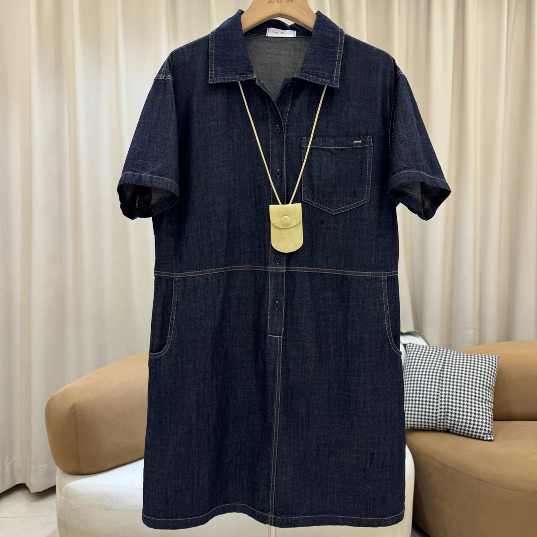zaw大码女装宽松遮肚子牛仔连衣裙短袖POLO领裙子