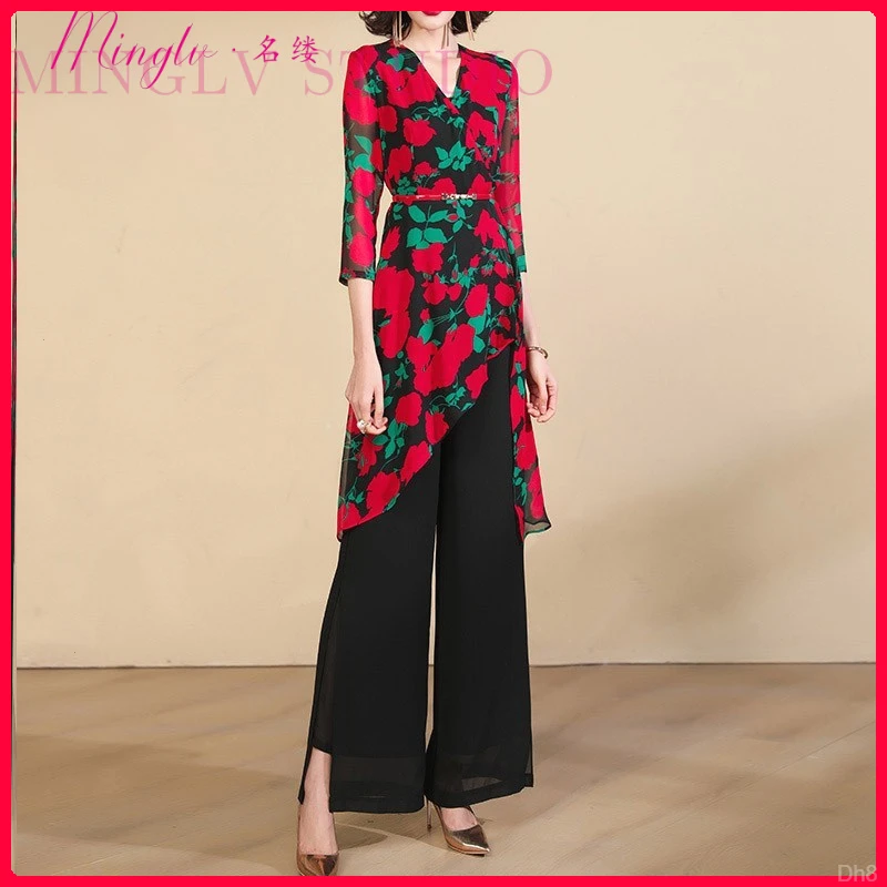 2025年新款休闲套装夏装女轻奢上衣显高显瘦高腰开叉阔腿裤两件套