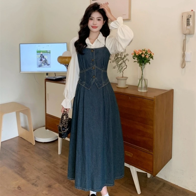2025秋季新款大码显瘦小香风衬衫+法式收腰假两件牛仔吊带连衣裙