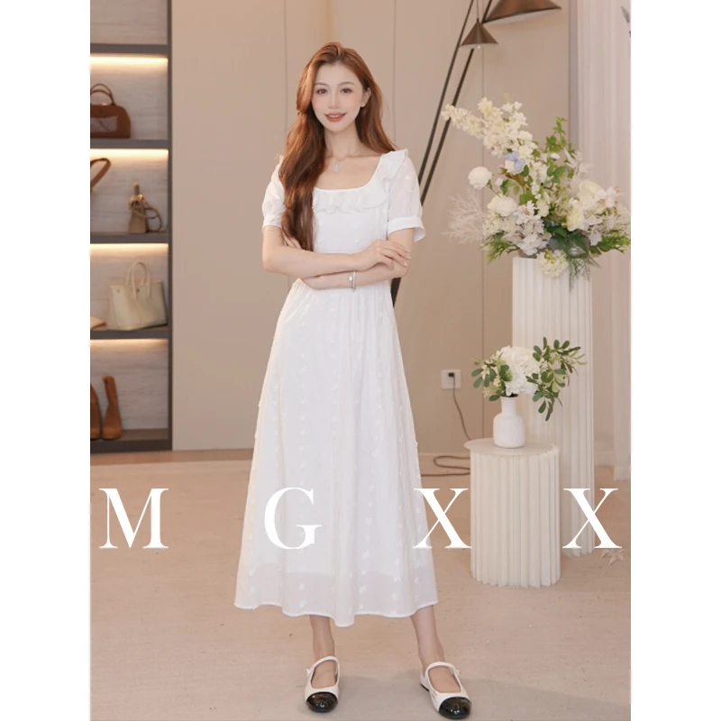 MG小象（法式浪漫）温柔刺绣花边新品白色连衣裙 M825Q10995