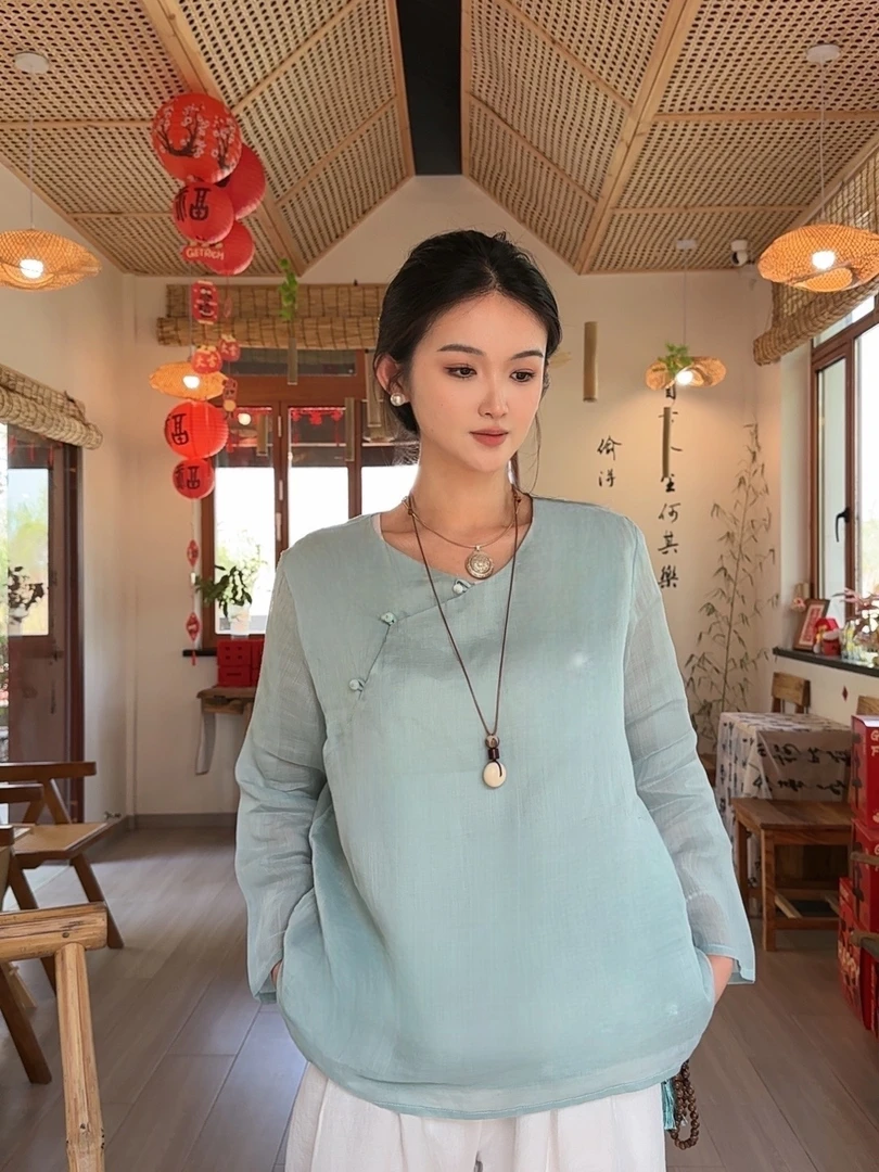 沅曼【冰蓝套装】苎麻夏季中国风V领衬衫复古薄款中式女装半袖禅意