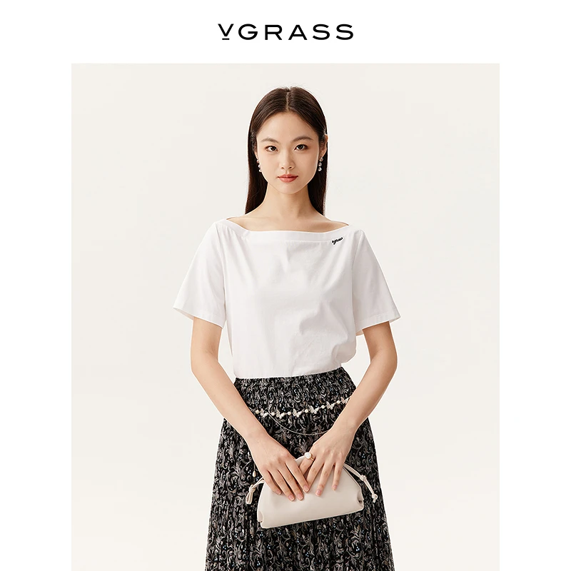 【晨粉专享】VGRASS25夏季新款时髦一字领撞色刺绣棉T恤VST1Q2513D