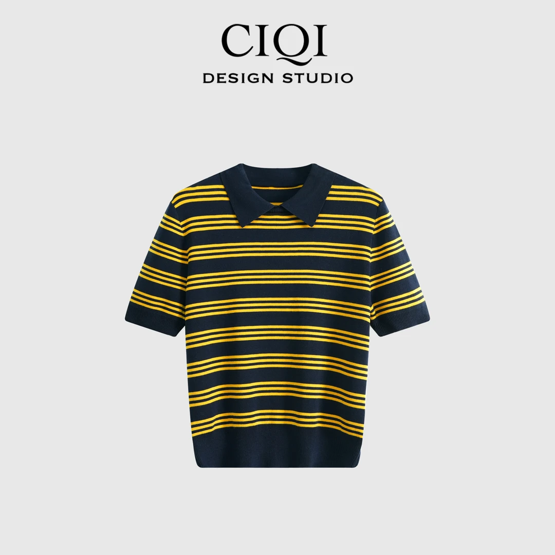 CIQI STUDIO【树林子】时尚百搭树林子撞色条纹POLO针织短袖DY25842