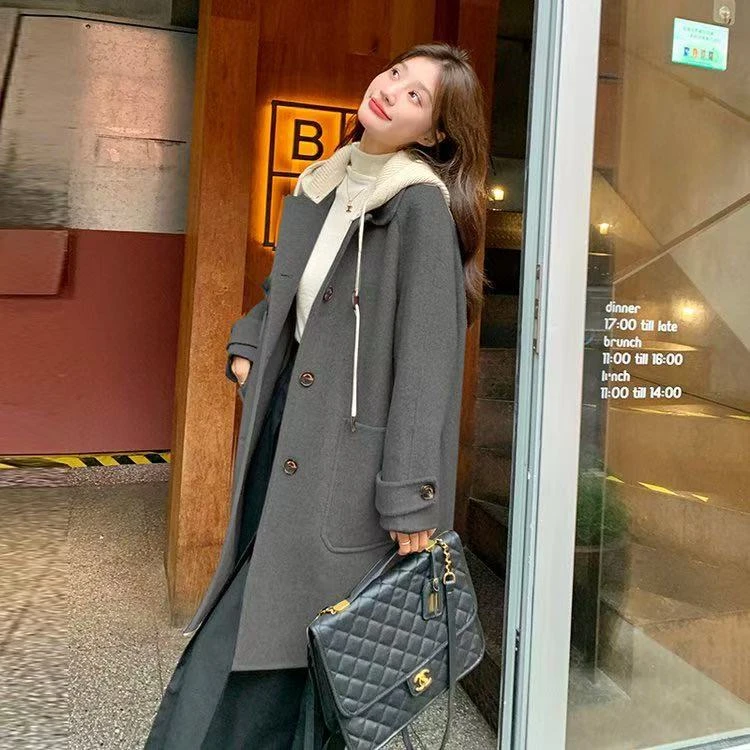 针织连帽双面毛呢大衣2024新款女秋冬学院风中长款羊绒大衣