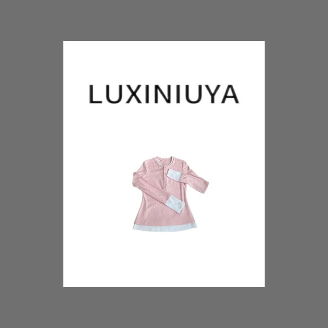【LUXINIUYA】长袖T恤拼接粉色刺绣内搭设计亲肤舒适CX2241