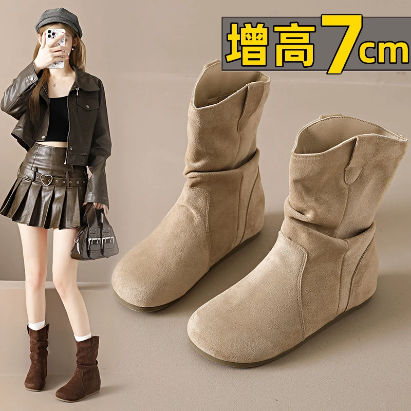 网红复古内增高真皮博肯马丁靴子潮2025秋季新款小个子女棕色短靴