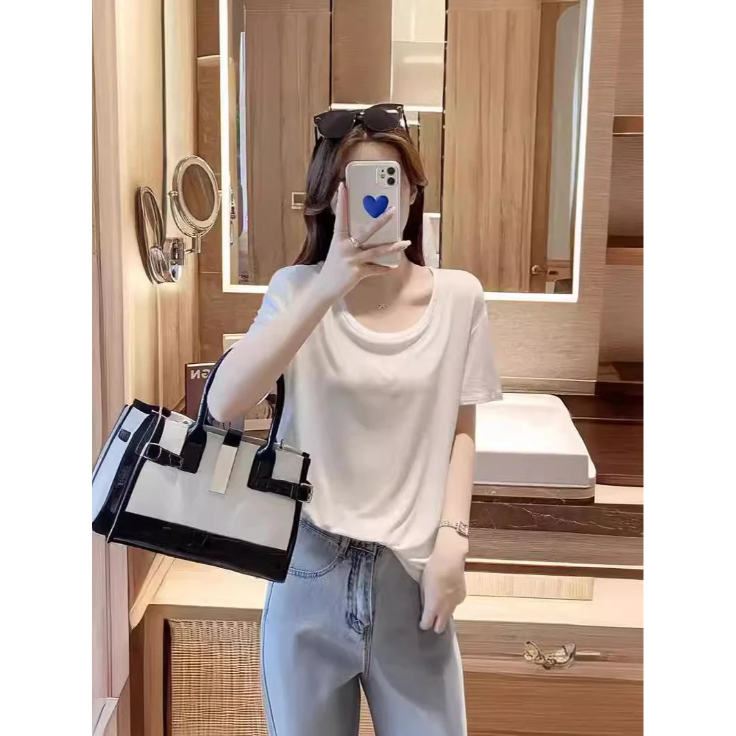 大领口白色短袖t恤女2025新款爆款夏季宽松欧货甜辣低领纯欲上衣