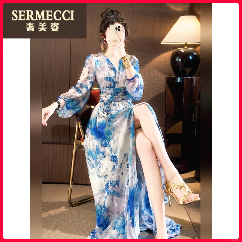 小香风上档次奢美姿2025年春秋高级感蓝色高腰灯笼长袖连衣裙
