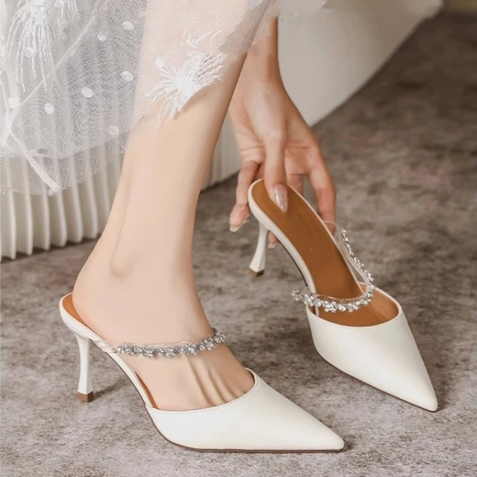 牛皮版~法式尖头水钻高跟鞋2025夏新款气质细跟一字绝美半拖凉鞋