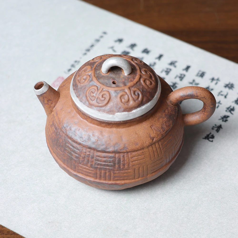 【拿放斋】鎏银吉祥编织壶.3786.粗陶老岩泥原矿茶壶泡茶壶