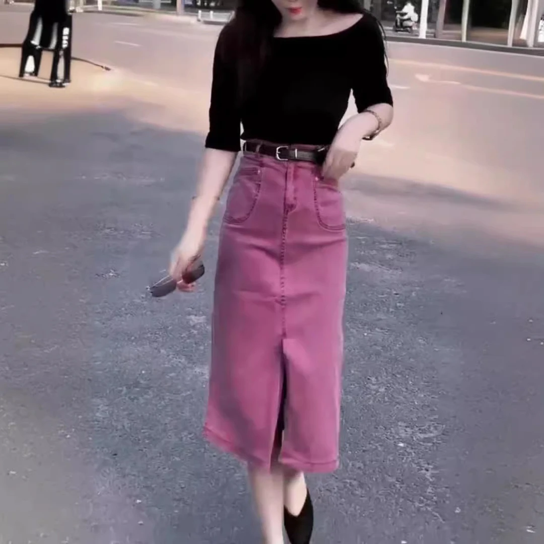 新款时尚修身显瘦上衣高腰开叉半身裙女装