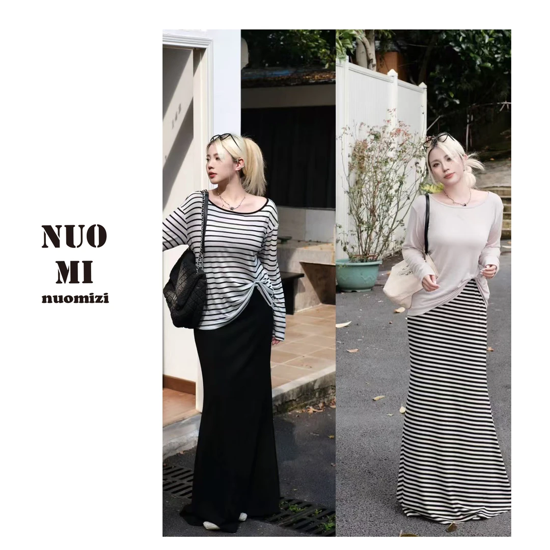 ZOZ糯米子[间距美学]韩系复古风半身裙条纹休闲显瘦减龄长裙裙子