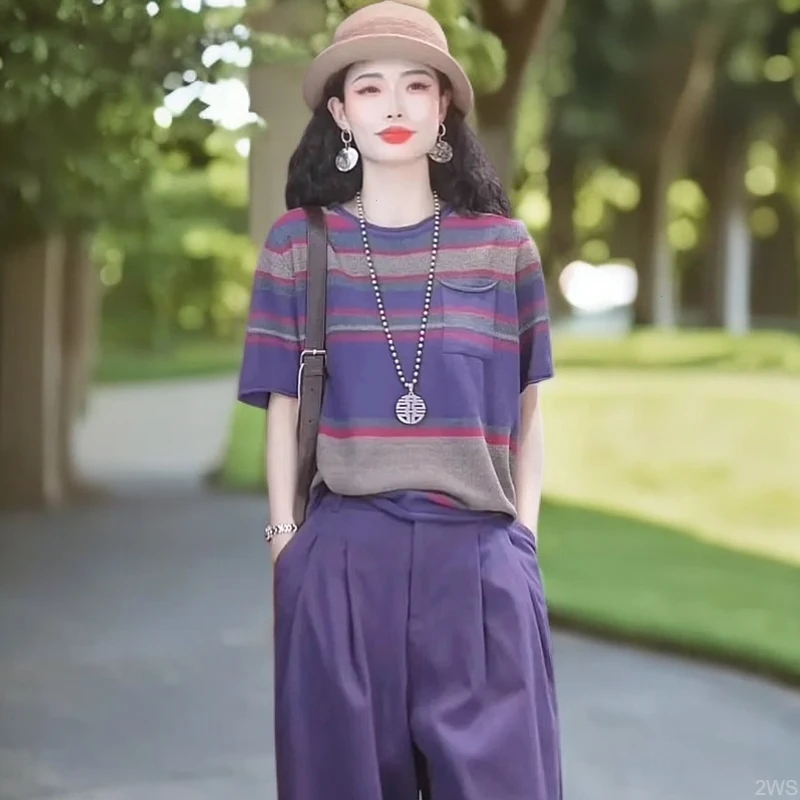 美式复古撞色条纹慵懒风2025夏季高级感冰丝针织衫T恤女休闲上衣