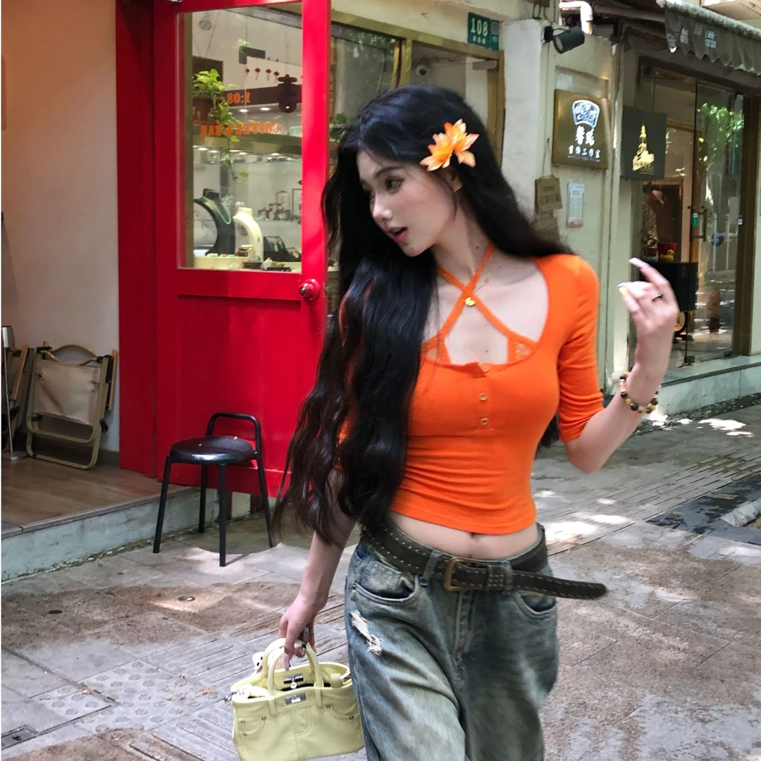 刘德瓜LDG【小橘子】2亨利领中袖t恤女正肩修身弹力针织上衣