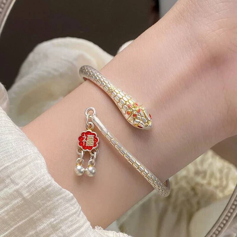 足银手镯 灵蛇银镯子足银描金桃花灵蛇手镯女2025蛇年本命年礼物.