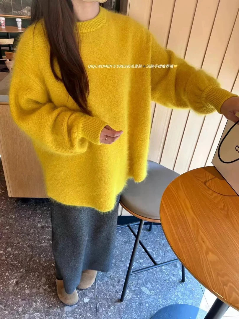 玲玲严选 软糯慵懒风黄色套头浣熊绒长款毛衣