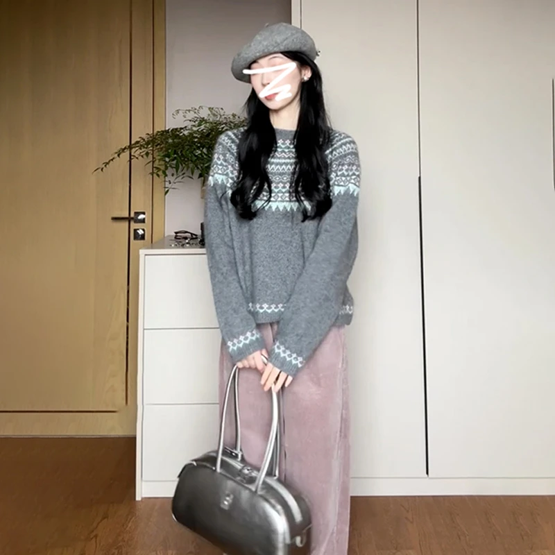 灰色费尔岛毛衣羊绒衫上衣2024秋冬新款内搭打底衫加厚长袖上衣女