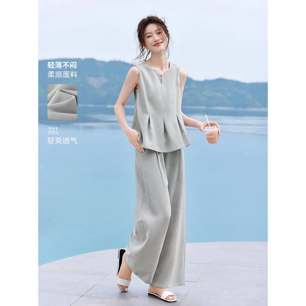 莱赛尔气质显瘦两件套2025夏季新款休闲无袖压褶减龄套装女