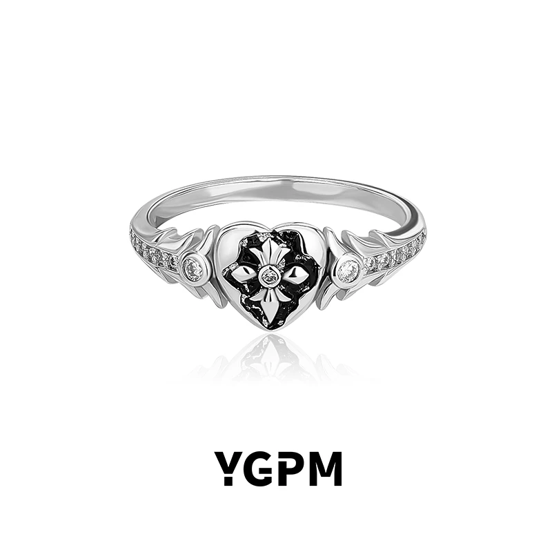925银莫桑石戒指 YGPM十字架爱心戒指女小众鸢尾花复古设计食指戒