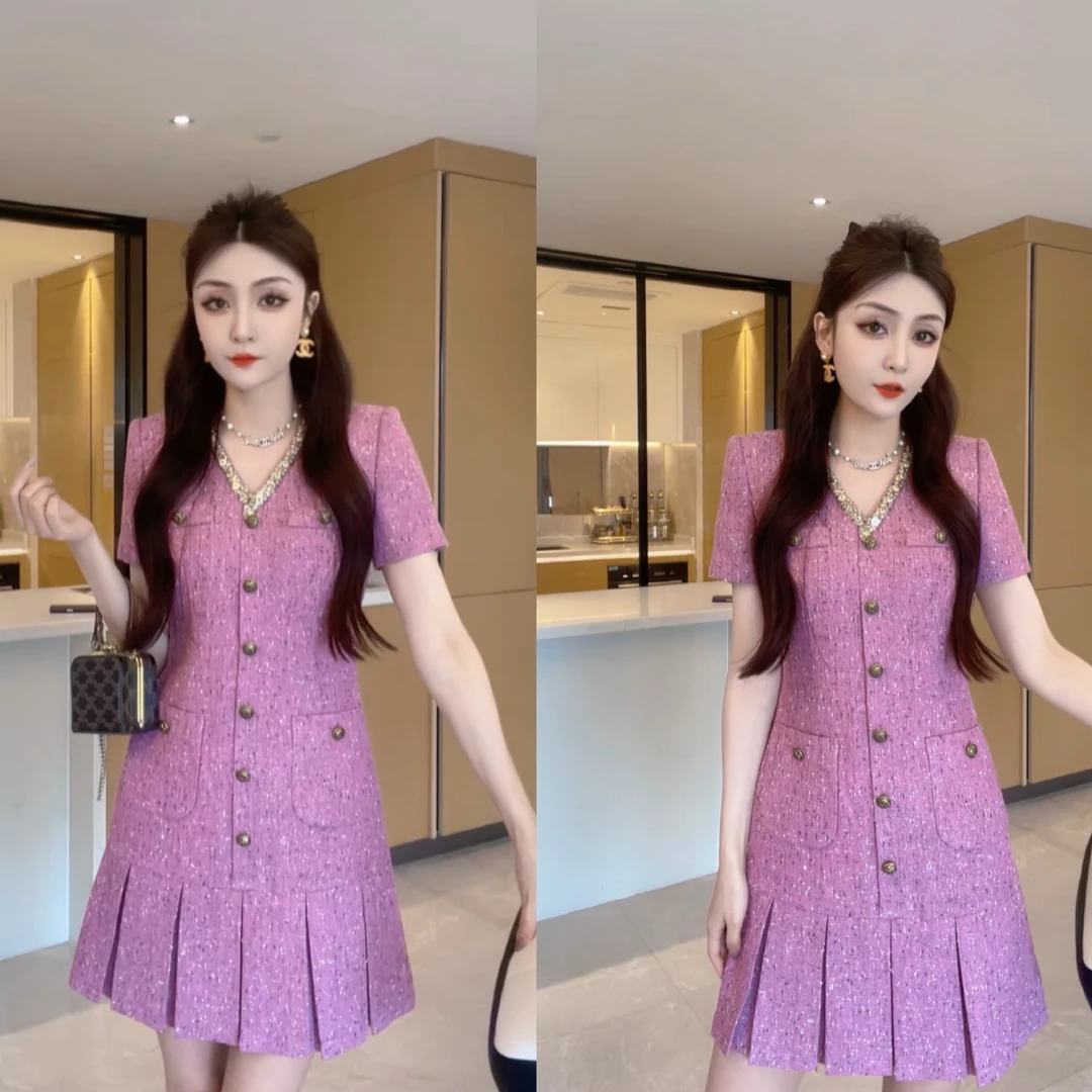 M9A86081  夏季紫色新款减龄收腰法式显瘦短袖时尚气质复古连衣裙
