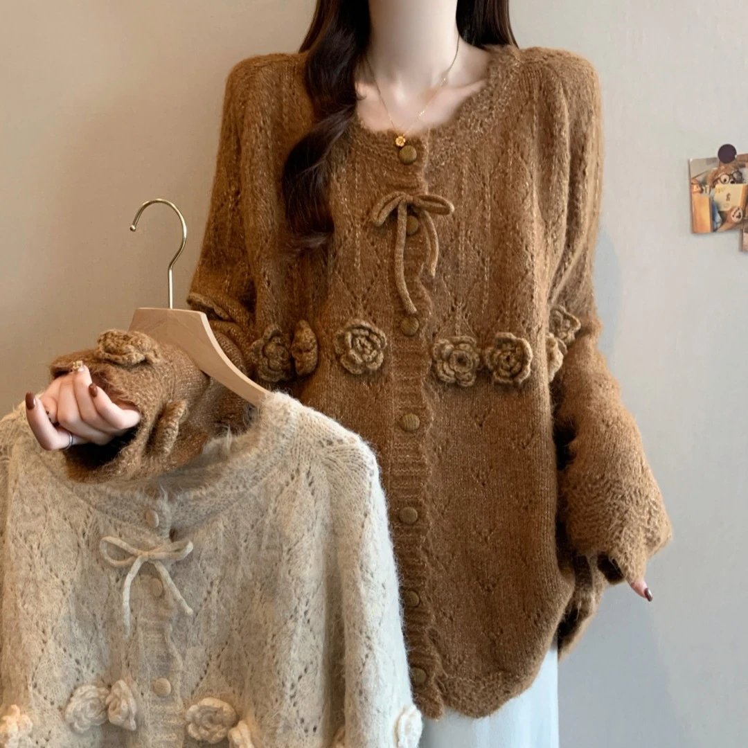 qwh3081大码女装2025秋冬毛衣慵懒风圆领遮肉显瘦针织加厚开衫