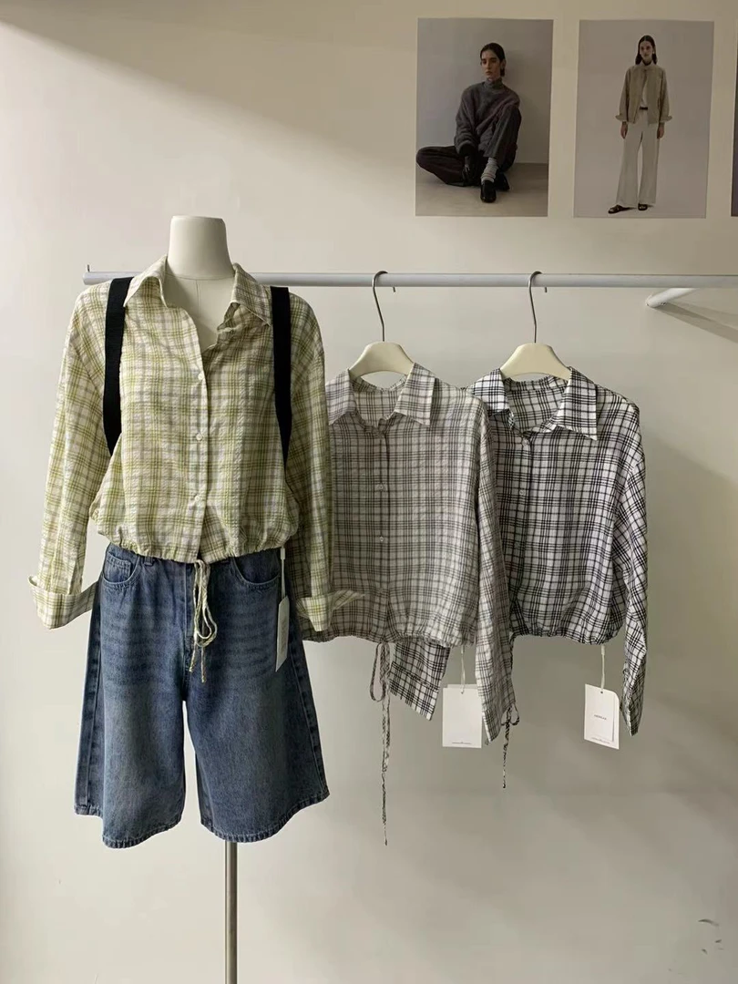 abow@2787 韩系简约时尚复古抽绳格子衬衫