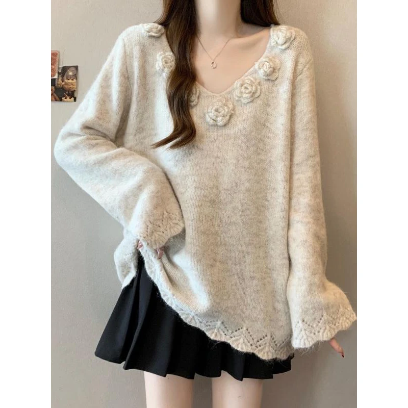 立体花朵针织衫V领毛衣大码女装2025秋季胖mm中长款洋气减龄上衣