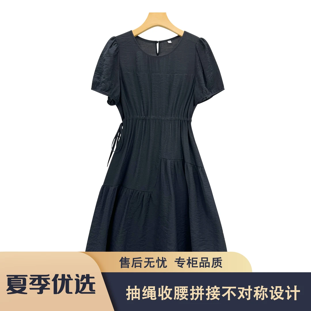 S12 欣X2025夏季高端法式拼接不对称收腰显瘦黑色连衣裙XX115款