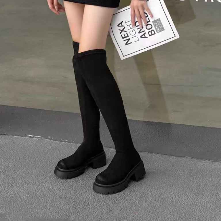 C5010 黑色绒里 秋冬时尚舒适粗跟圆头女长靴弹力靴 过膝靴