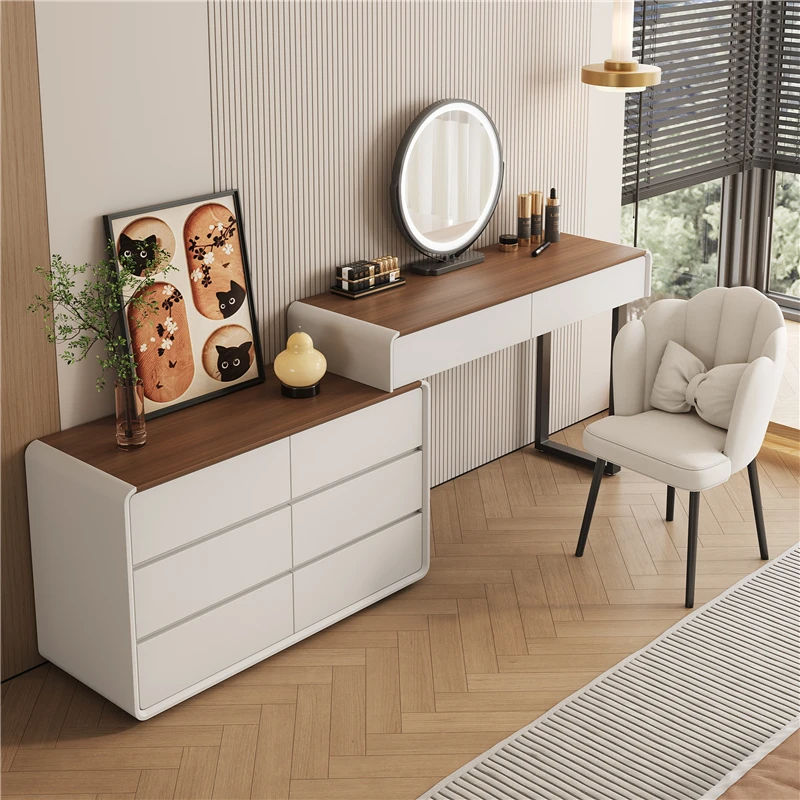 2025新款梳妆台卧室床尾柜现代简约中古奶油风转角化妆台斗柜一体