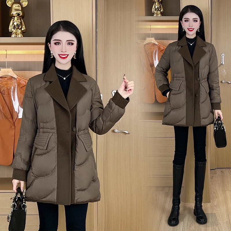 中长款羽绒服女款冬季保暖外套新款今年流行收腰毛呢拼接厚d352