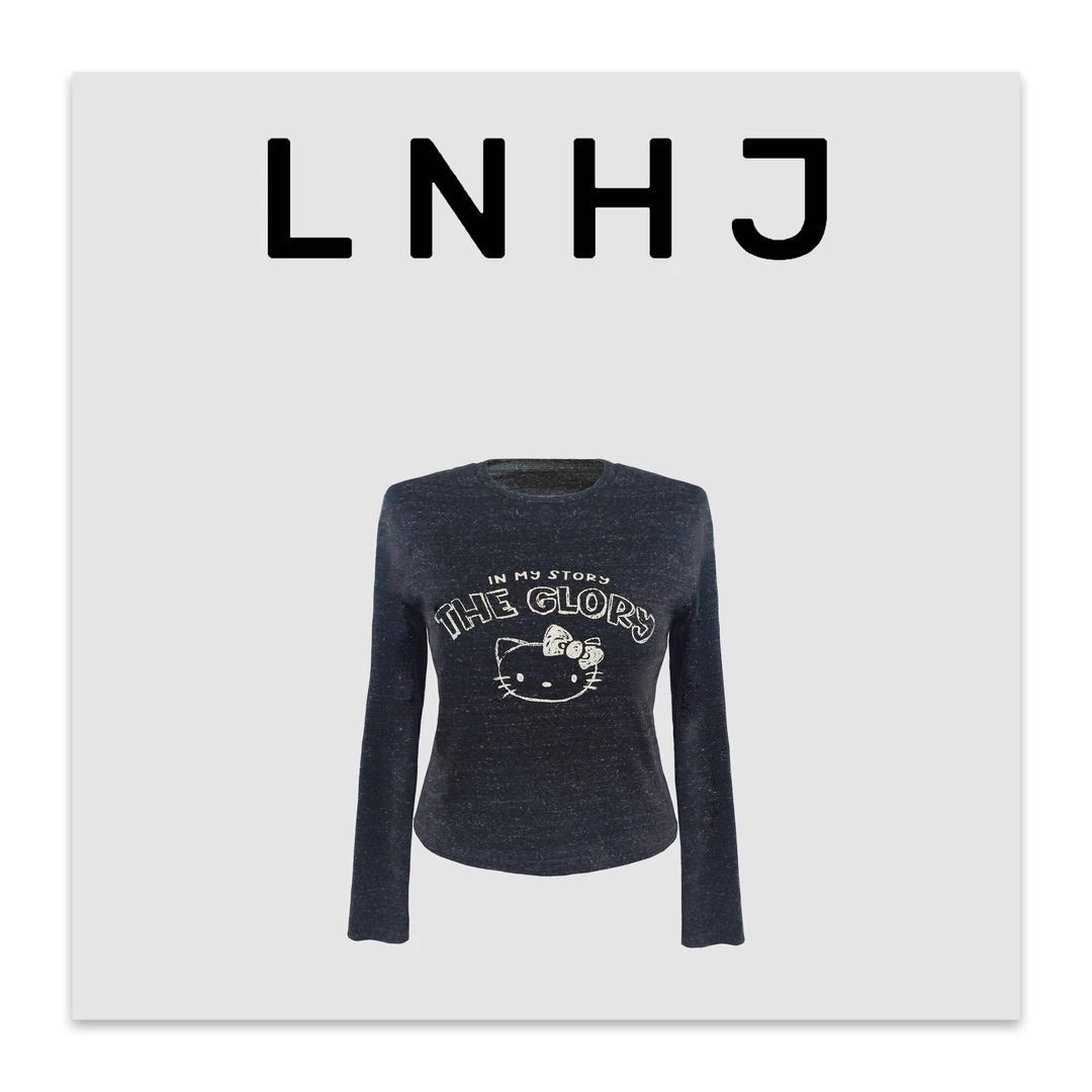 LNHJ【猫咪线谱】进口竹节棉字母kt猫印花圆领长袖T恤