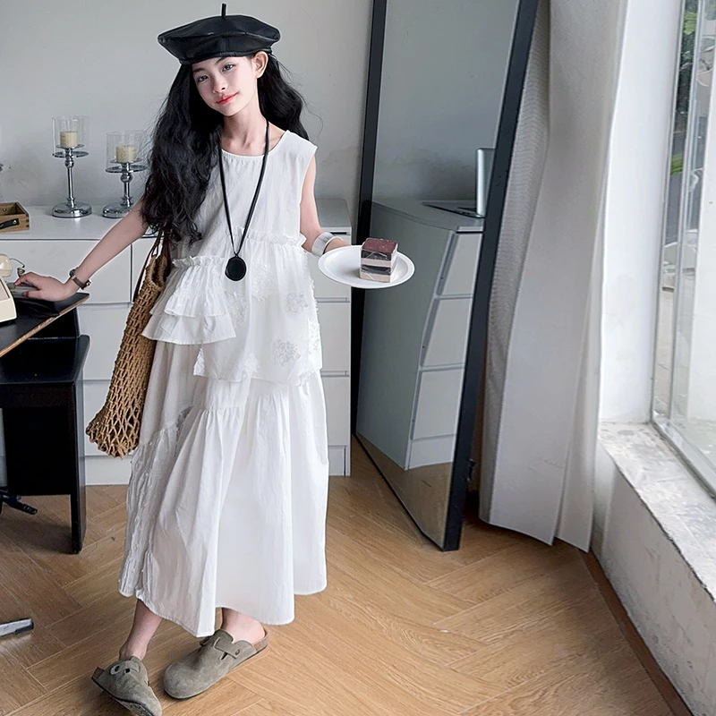 女童夏季穿搭时尚小众不规则设计感无袖上衣休闲白色裙套装