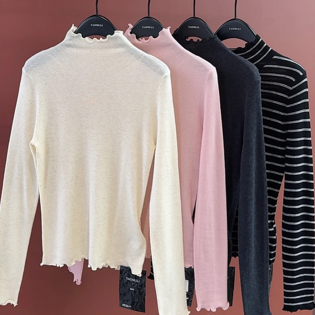 极简风木耳边半高领长袖薄款羊毛打底亲肤保暖适合有暖气宝宝