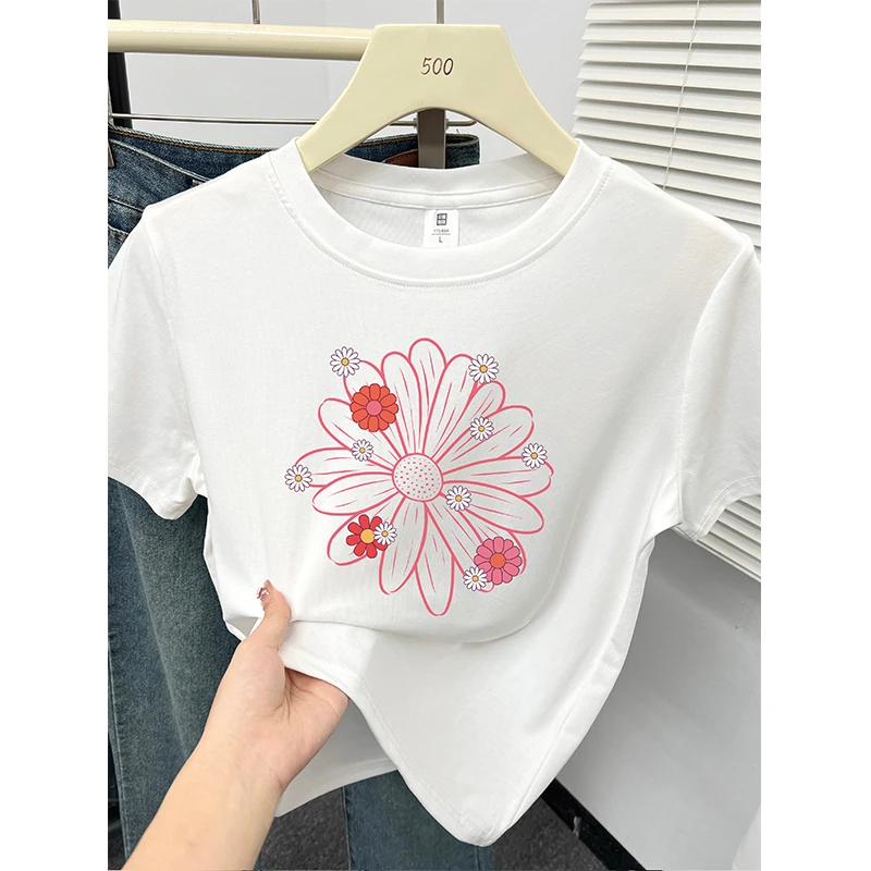 正肩大码胖mm显瘦短袖T恤女夏季新款韩版时尚百搭花朵印花上衣ins