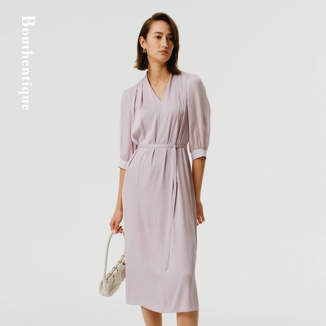 Bouthentique6A级桑蚕丝微泡泡袖设计中袖连衣裙224311D1S54