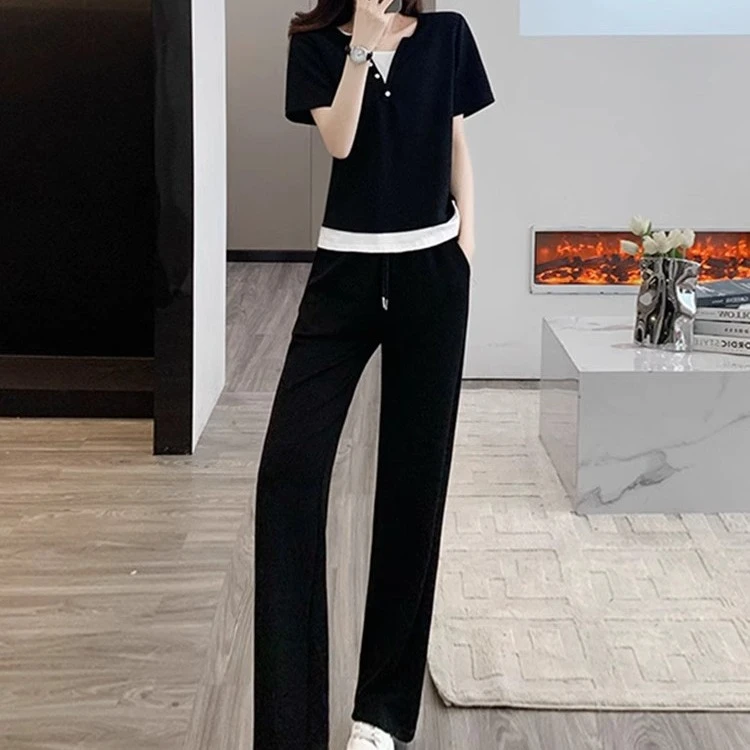 时尚新款2025夏季女士显瘦休闲运动服套装原版做工实拍短袖阔腿裤