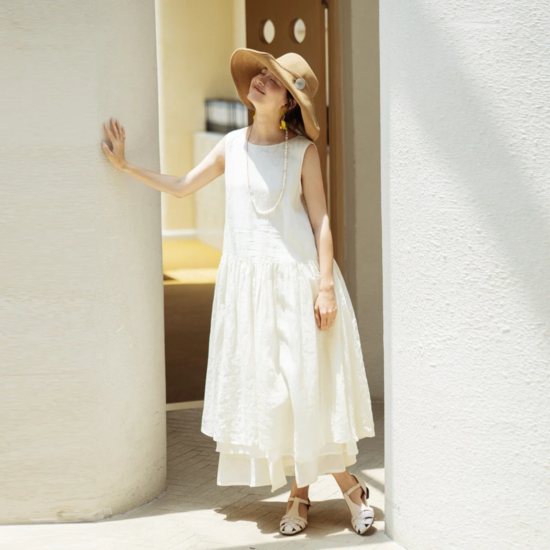 42支皱纹苎麻双层褶皱无袖背心裙