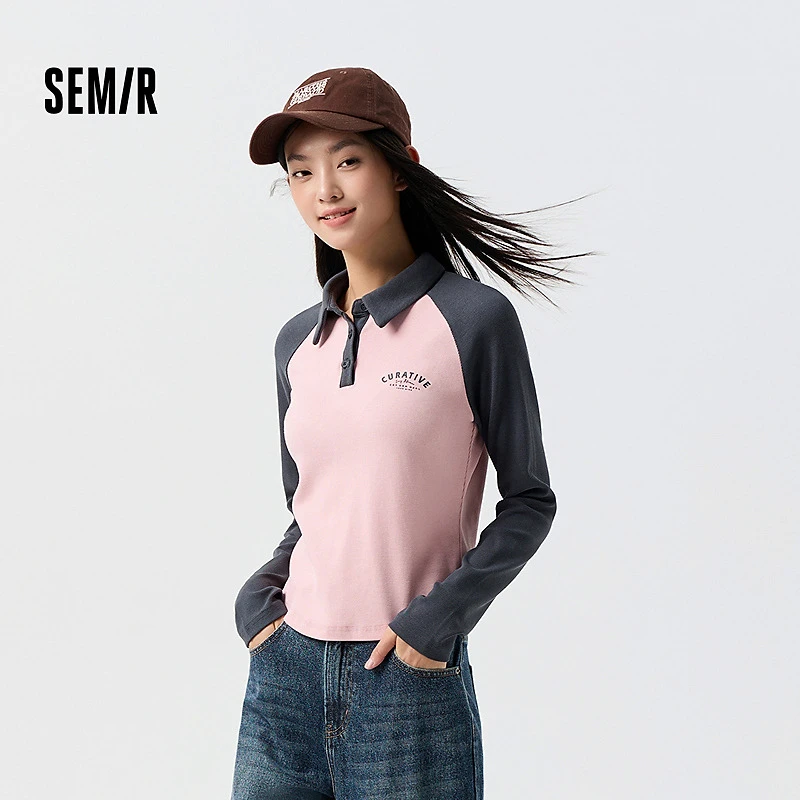 森马POLO衫女短款紧身拼色插肩袖辣妹衣服春季时尚字母上衣复古风