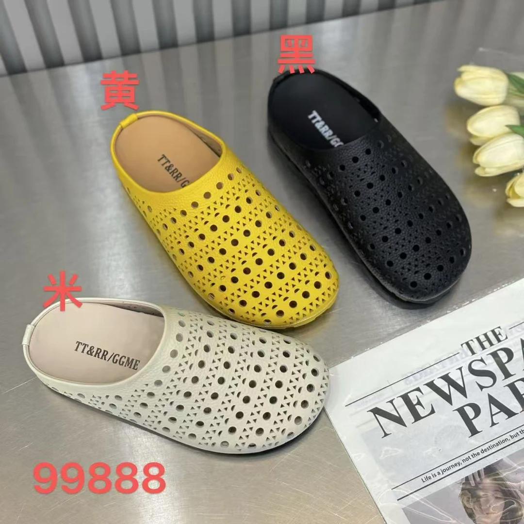 99888春夏新款真皮休闲洞洞包头拖平底包头凉拖