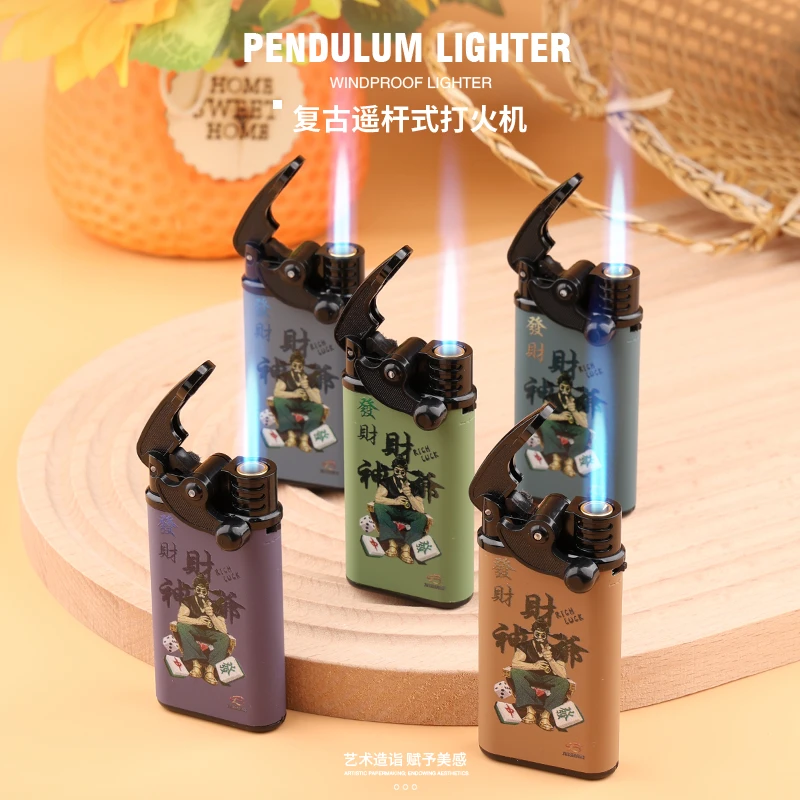 财神爷新款Q60复古摇臂蓝焰直冲防风打火机个性创意广告定制印字