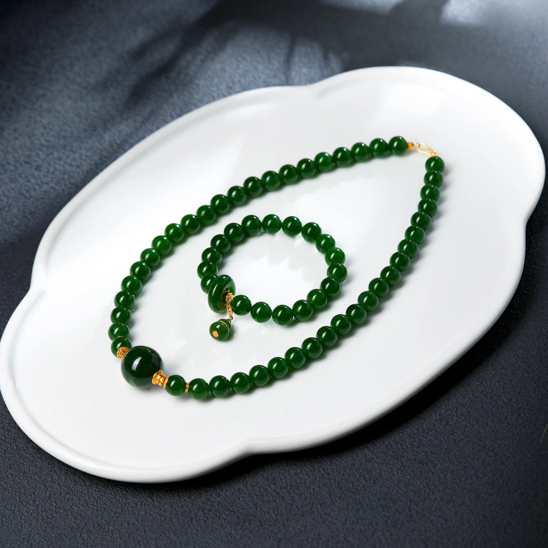 『博姐』·千鸣丨和田玉碧玉18K金典藏级手串项链套装约9.5mm*T0165