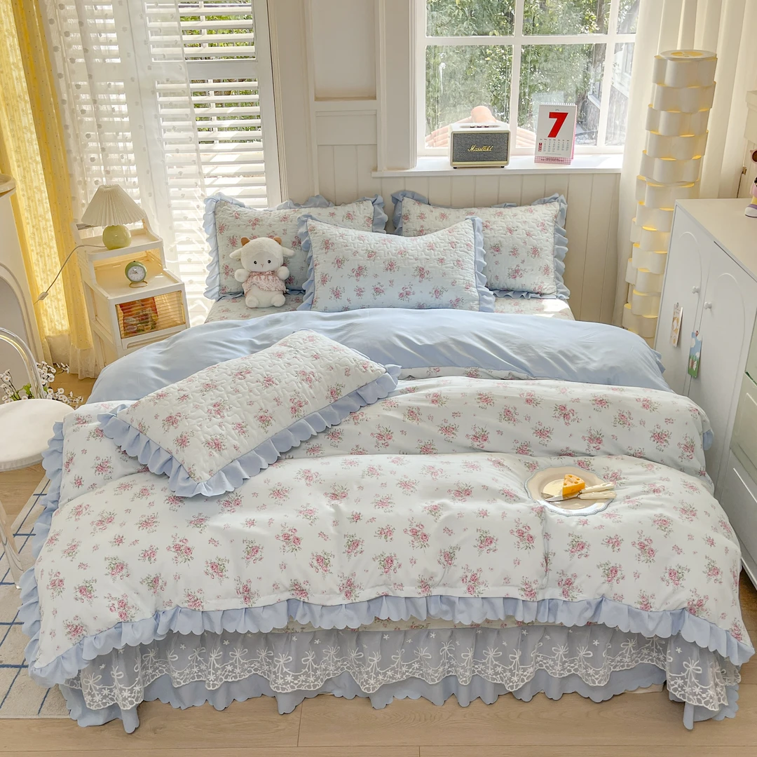 韩版针织棉床裙款四件套花边被套夏被四件套床盖款防滑三件套四季