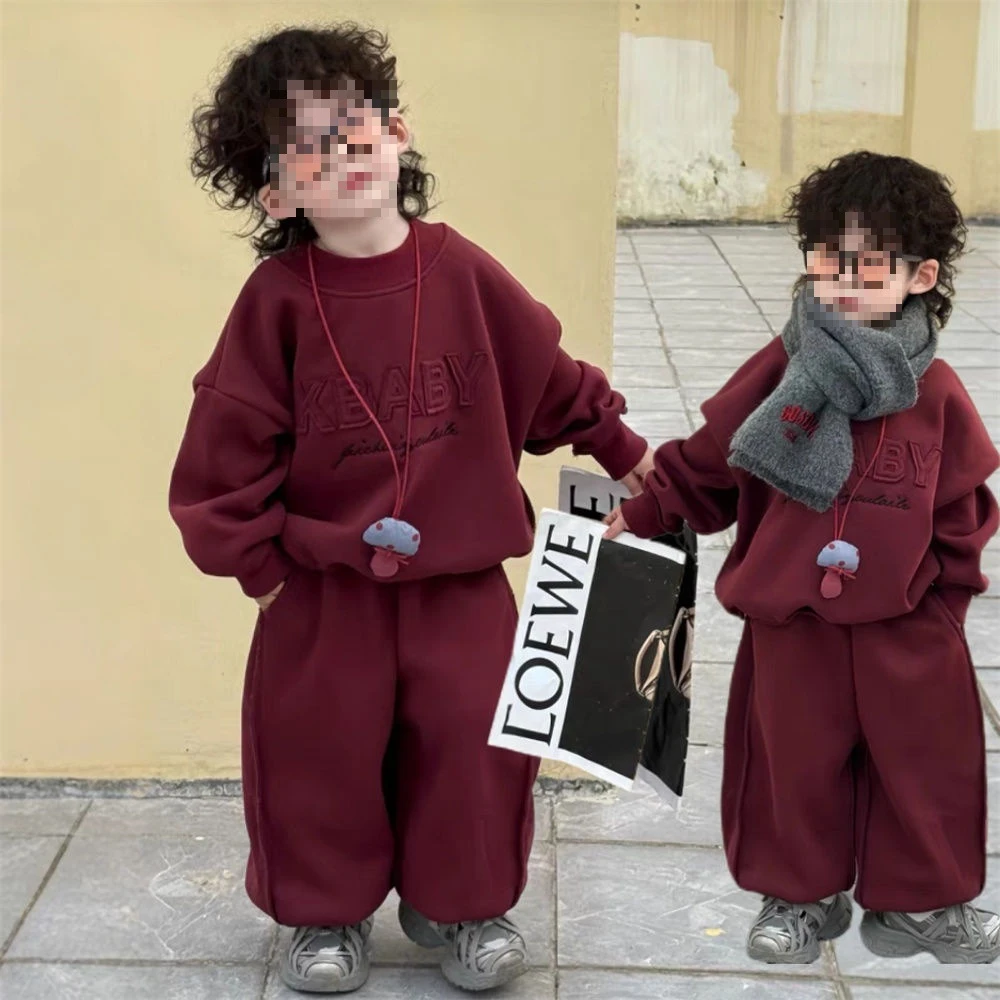 英国KHOM男童帅气卫衣两件套秋冬装儿童字母贴布宽松套头加绒上衣