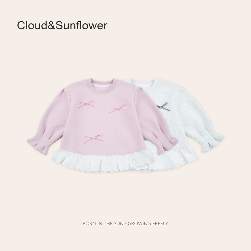 女童春季蕾丝下摆三朵蝴蝶结圆领卫衣660651