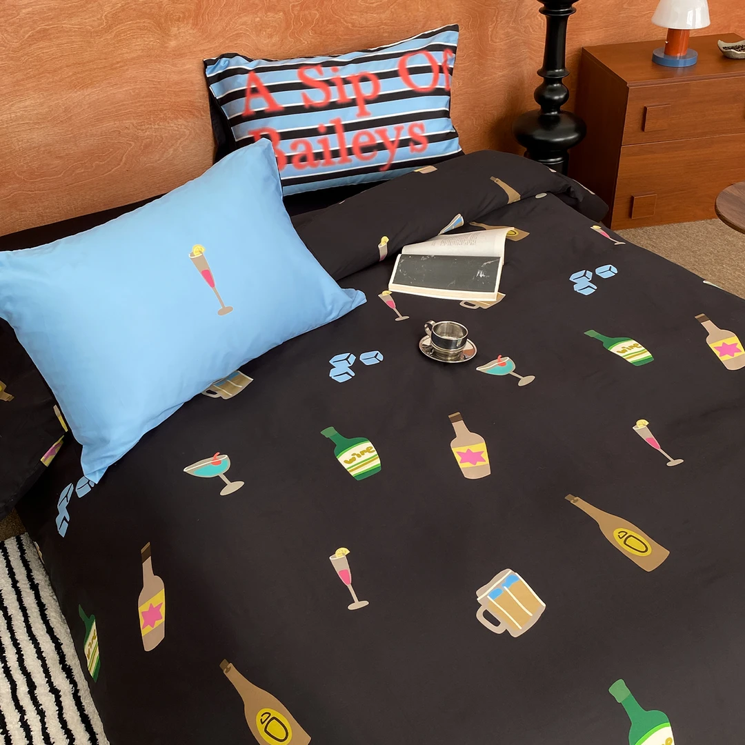 甜酒与傍晚 原创美式撞色60支全棉四件套长绒棉床单被套蓝黑复古