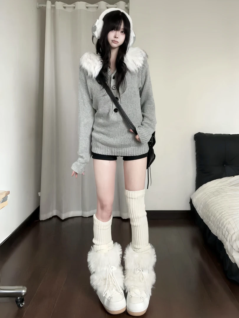 辣妹风复古毛领亨利领毛衣女秋季长袖韩系收腰灰色连帽针织衫上衣